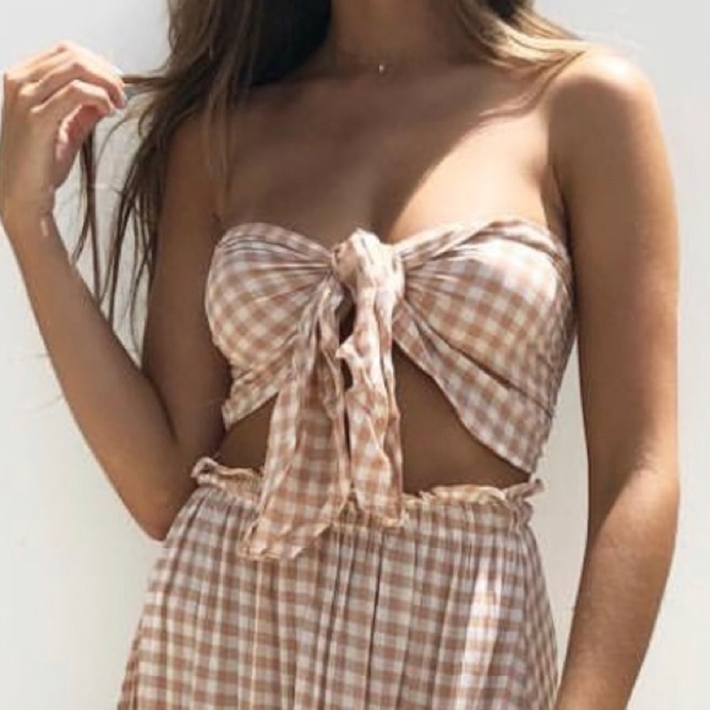Olivaceous Gingham Bandeau Tie Top